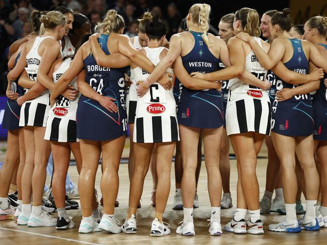 MELBOURNE, AUSTRALIA - JUNE 12: Both sides huddle after the round 13 Super Netball match between Melbourne Vixens and Collingwood Magpies at John Cain Arena, on June 12, 2023, in Melbourne, Australia. (Photo by Daniel Pockett/Getty Images)