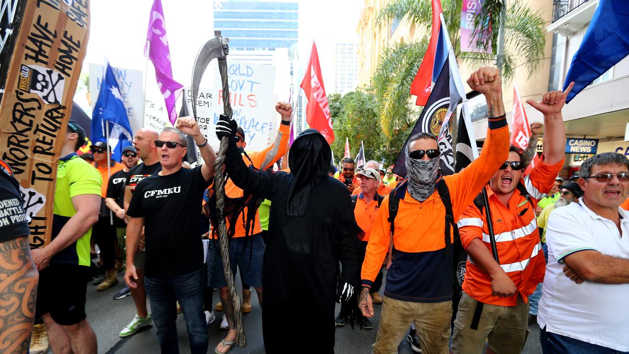 Union protesters in the Brisbane CBD on Thursday. Picture: David Clark