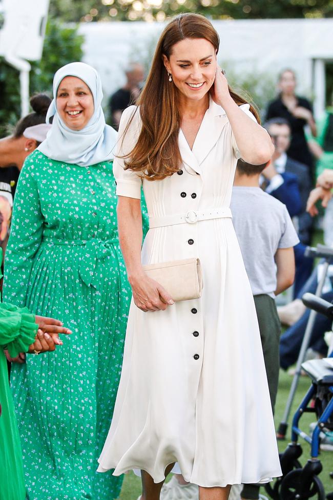 The Suzannah Flippy Wiggle dressCome summer, Kate relies on the power of a well-cut midi dress. The silhouettes she prefers are ’50s-inspired and feminine, like this white crepe frock from Suzannah, which she’s worn on four engagements so far, such as Wimbledon in 2019, and beneath a crimson red Eponine coat during King Charles’s coronation weekend. 