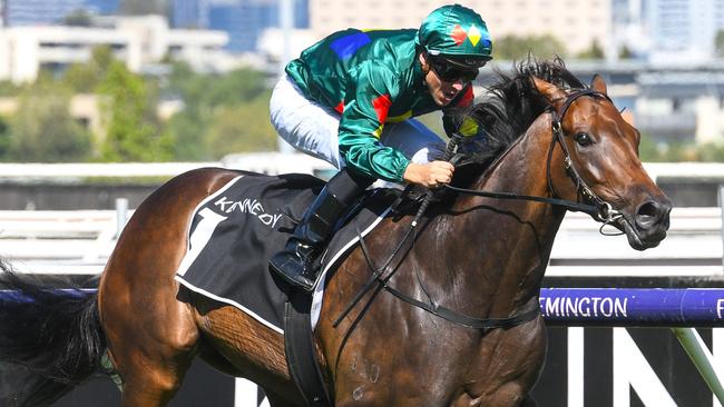 Alligator Blood Jockey Ryan Maloney rides Alligator Blood to victory in race 7, the Kennedy Australian Guineas, during Australian Guineas Day at Flemington Racecourse in Melbourne, Saturday, February 29, 2020. (AAP Image/Vince Caligiuri) NO ARCHIVING, EDITORIAL USE ONLY