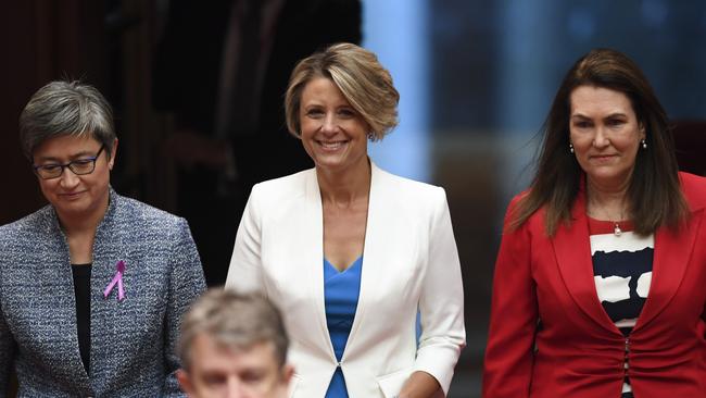 Kristina Keneally (centre), with Leader of the Opposition in the Senate Penny Wong (left) and Labor Senator Deb O'Neill in 2018. Picture: AAP