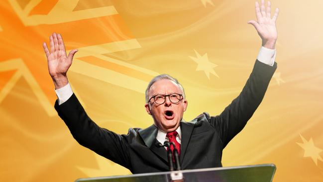 Anthony Albanese celebrates a historic victory, marking a new era in Australian politics and a new era in the national culture. Artwork: Frank Ling.