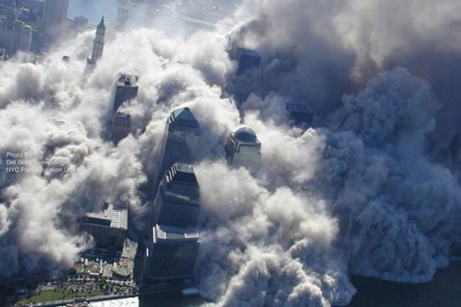 The dust and debris is about to invade New York after the attack. ABC News in the US recently obtained these images through Freedom of Information Act request in 2009 with the National Institute of Standards and Technology. Picture: Det. Greg Semendinger/NYC Police Aviation Unit.