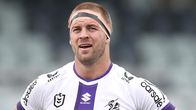 GEELONG, AUSTRALIA - FEBRUARY 12: Christian Welch of the Storm looks on during the NRL Trial match between Melbourne Storm and Sydney Roosters at GMHBA Stadium on February 12, 2023 in Geelong, Australia. (Photo by Kelly Defina/Getty Images)