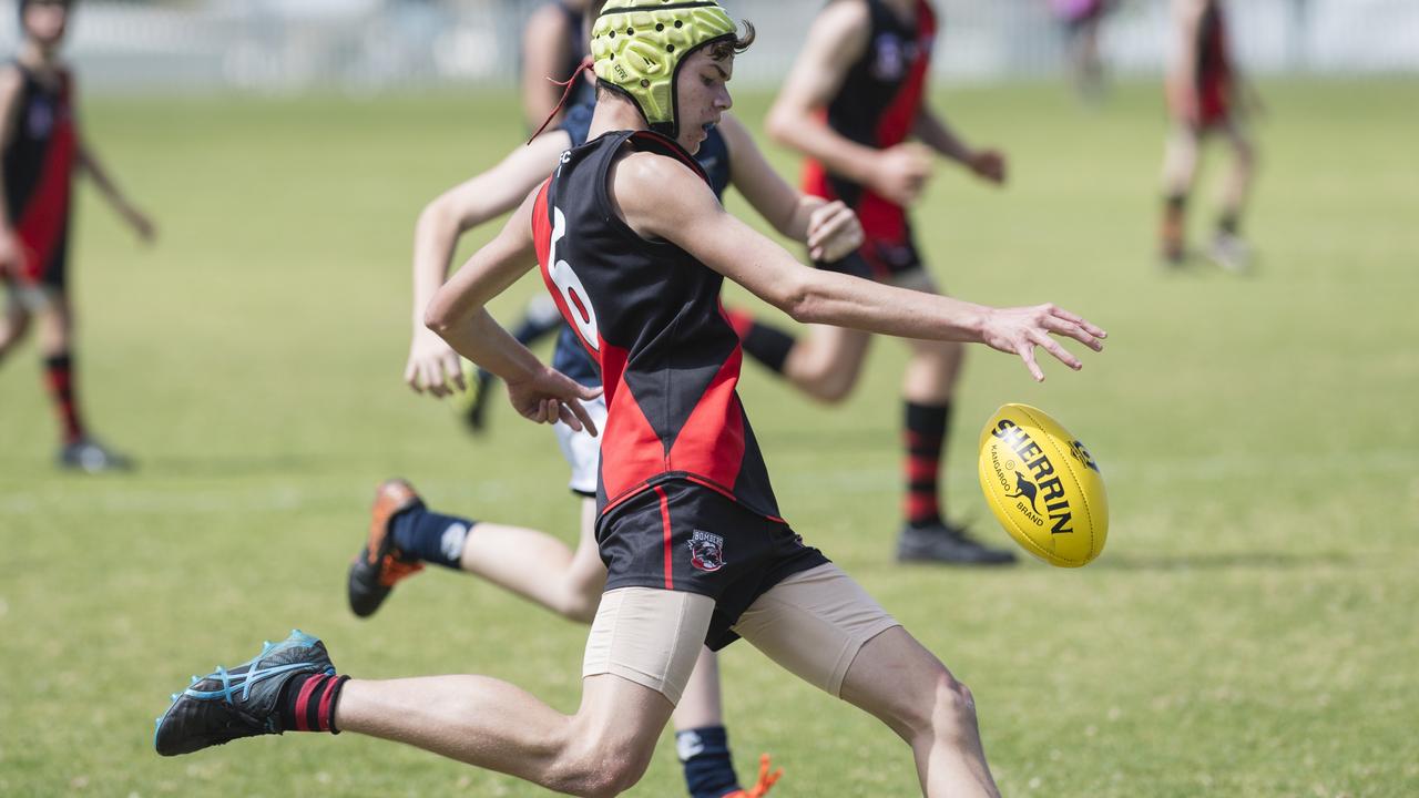 Jake Capra of South Toowoomba Bombers against Coolaroo in U14 AFL Darling Downs grand final at Rockville Park, Saturday, September 2, 2023. Picture: Kevin Farmer