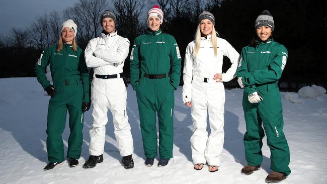 Australian freestyle skiers Samantha Wells, David Morris, Laura Peel, Danielle Scott and Lydia Lassila at Phoenix Park in PyeongChang yesterday.