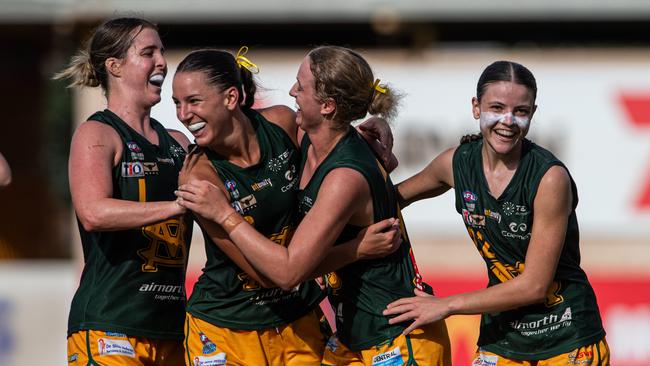 St Mary's celebrate a goal vs Nightcliff in the 2023-24 NTFL women's prelim final. Picture: Pema Tamang Pakhrin