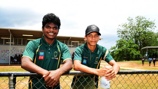 Cousins Maurice Rioli Jr and Brayden Rioli relax before St Mary’s NTFL clash against the Tiwi Bombers on Bathurst Island. Picture: JUSTIN KENNEDY