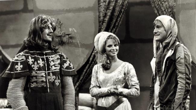 Paul Hogan with Delvene Delaney and John Cornell ("Strop") in a scene from The Paul Hogan Show. Picture: Supplied/ Channel 7