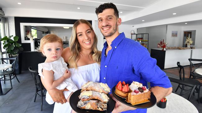 Cafe Sisily has been voted as the best cafe on the Sunshine Coast. Owners, Giuliana Steppa and Paolo Valvoletti with daughter Eliana. Picture: Patrick Woods