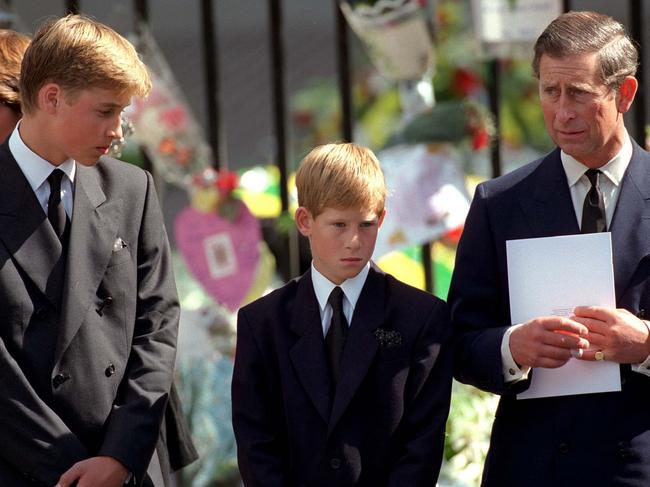 (FILES)  LONDON - SEPTEMBER 6:  The Prince of Wales with Prince William and Prince Harry outside Westminster Abbey at the funeral of Diana, The Princess of Wales on September 6, 1997. (Photo by Anwar Hussein/WireImage)