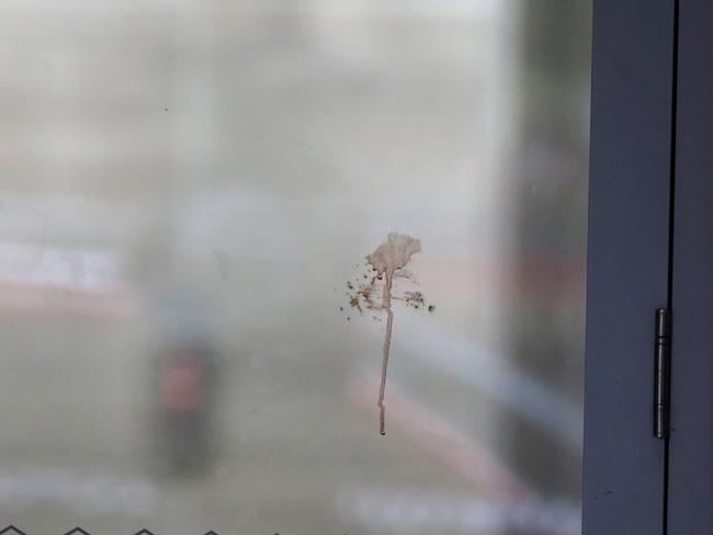 A blood stain on the front door of the Auburn unit block where convicted killer Emad Sleiman was shot overnight. Picture: John Grainger