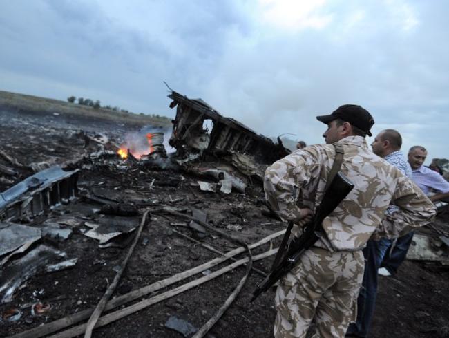 People stand next to the wreckage of the Malaysia Airlines flight. AFP PHOTO/DOMINIQUE FAGET