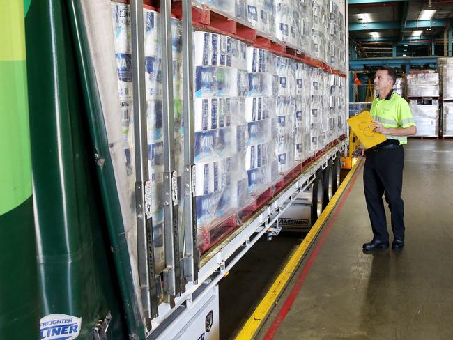 Forklifts move stock at Woolworths distribution centre at Minchinbury in SydneyÕs west,  Wednesday 18 March 2020. Australian supermarket chains are working hard to maintain stock levels for the shelves. Picture: Nikki Short