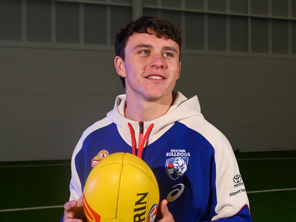 MELBOURNE, AUSTRALIA - NOVEMBER 27: Aiden O'Driscoll poses for a photo during a Western Bulldogs AFL training session at Whitten Oval on November 27, 2023 in Melbourne, Australia. (Photo by Morgan Hancock/Getty Images)