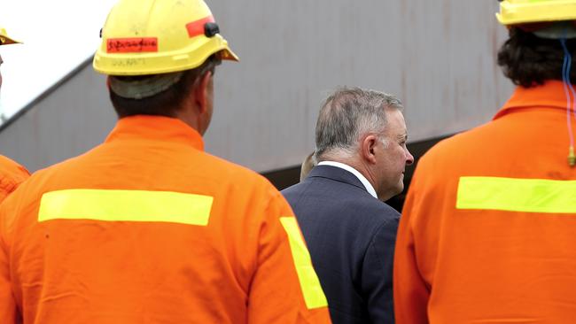 Anthony Albanese with workers from Tomago Aluminium smelter. Picture: Toby Zerna