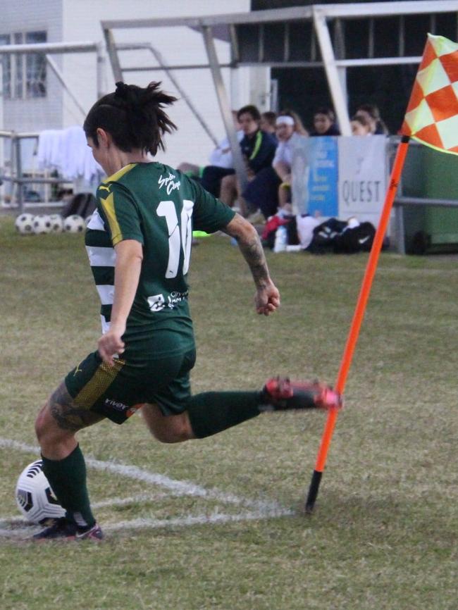 Gritty Western Pride footballer Lisa Gregson takes a corner kick against Brisbane City in the at the Briggs Road Sporting Complex this season. Picture: Christina Moran