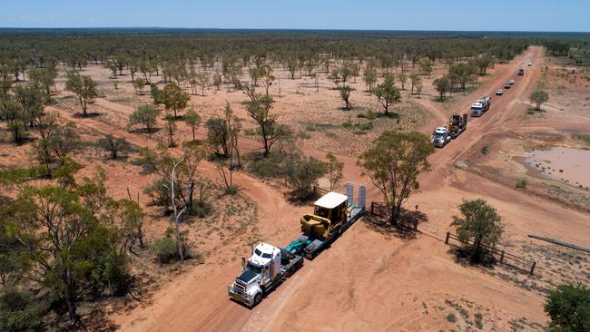 The first heavy equipment arrives at Adani's Labona Camp in central western Queensland to commence construction on the Carmichael mine railway. Picture: Cameron Laird