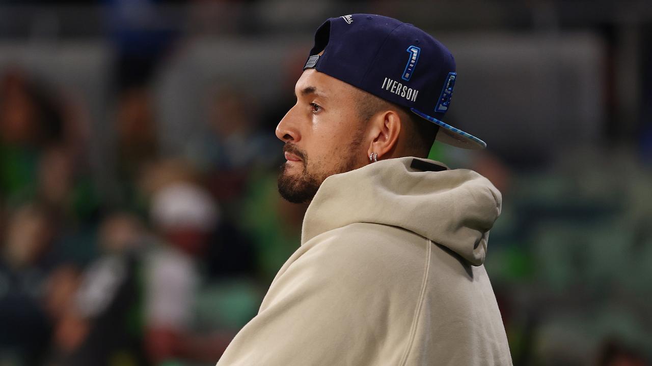 Nick Kyrgios looks on during warmup prior to the round seven NBL match between South East Melbourne Phoenix and Melbourne United at John Cain Arena on November 12, 2023 in Melbourne, Australia. (Photo by Graham Denholm/Getty Images)