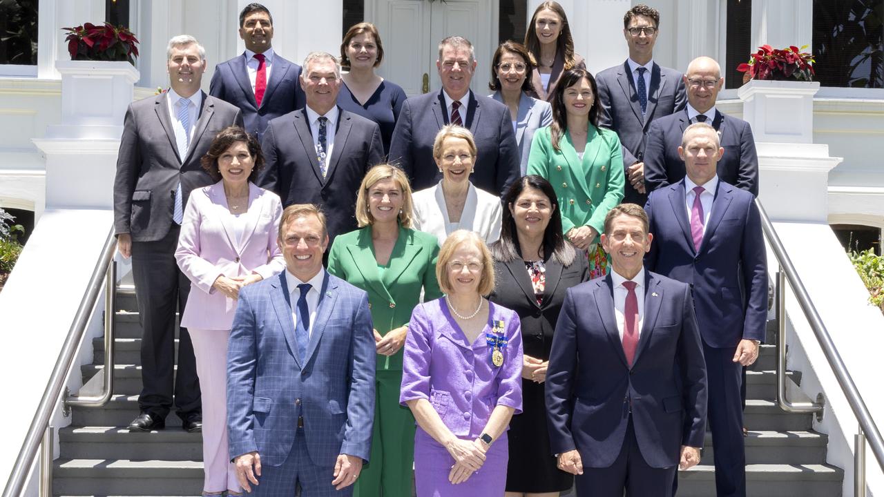 Then premier Steven Miles’s (front left) cabinet after being sworn in by Governor Jeannette Young (front centre) late last year