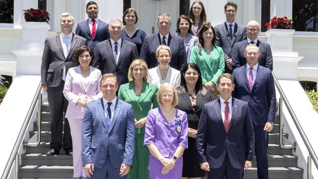 Then premier Steven Miles’s (front left) cabinet after being sworn in by Governor Jeannette Young (front centre) late last year