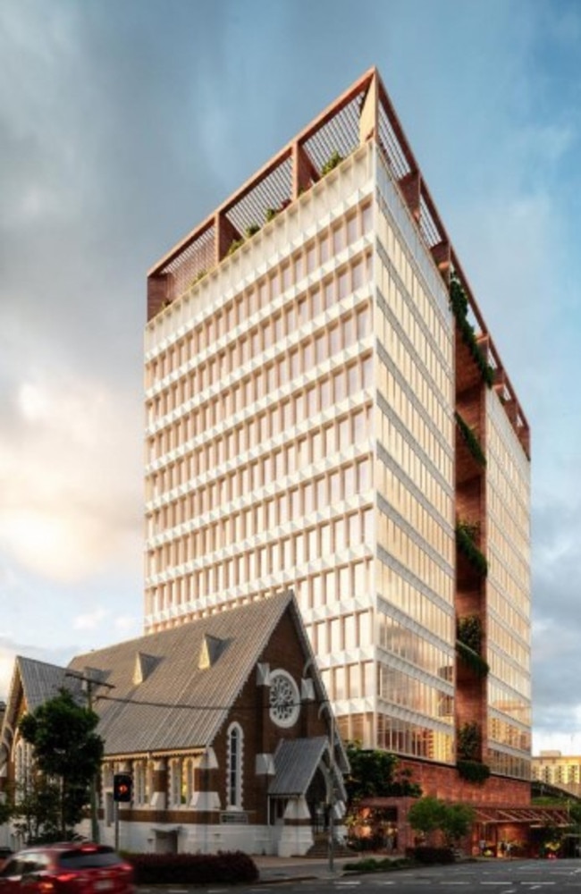 Render of how the Aria medical and commercial tower would look (heritage-listed iSEE church in foreground). Image: Woods Bagot