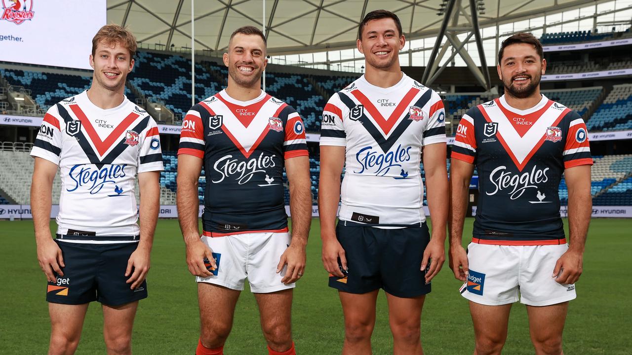 Daily Telegraph. 22, February, Roosters players Sam Walker, James Tedesco, Joseph Manu and Brandon Smith, at Allianz Stadium, for the announcement of their new sponsor Hyundai, today. Picture: Justin Lloyd.