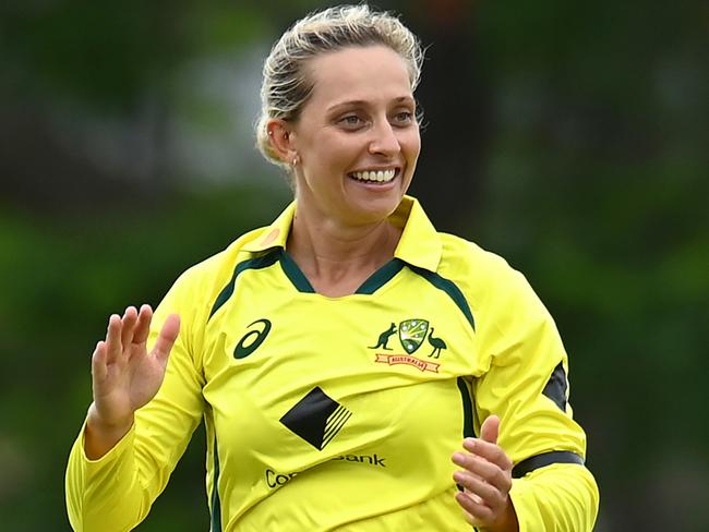 BRISBANE, AUSTRALIA - JANUARY 16: Ashleigh Gardner of Australia celebrates dismissing Bismah Maroof of Pakistan  during game one of the Women's One Day International series between Australia and Pakistan at Allan Border Field on January 16, 2023 in Brisbane, Australia. (Photo by Albert Perez - CA/Cricket Australia via Getty Images)