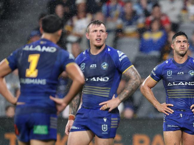 SYDNEY, AUSTRALIA - MAY 10:  Dylan Brown of the Eels reacts during the round 10 NRL match between Parramatta Eels and Brisbane Broncos at CommBank Stadium on May 10, 2024, in Sydney, Australia. (Photo by Brendon Thorne/Getty Images)