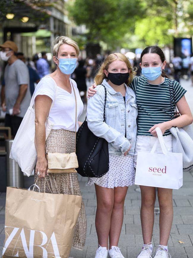 Michelle Levingstone, Ireland Kennedy and Michelle’s daughter Emily Levingstone in Pitt St Mall. Picture: Darren Leigh Roberts