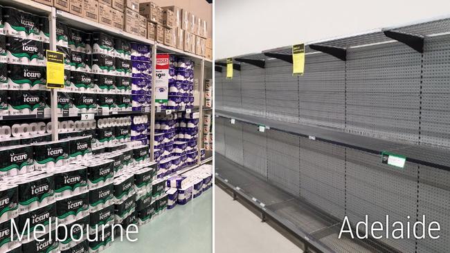 Woolworths shelves in the north-western Melbourne suburb of Niddrie, vs Woolworths shelves in the inner southern suburb of Cumberland Park, both pictured on April 17. Pictures: Wayne Taylor in Melbourne and The Advertiser.