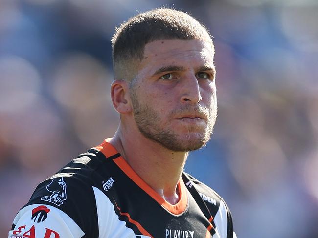 SYDNEY, AUSTRALIA - MARCH 19:  Adam Doueihi of the Wests Tigers looks on during the round three NRL match between Canterbury Bulldogs and Wests Tigers at Belmore Sports Ground on March 19, 2023 in Sydney, Australia. (Photo by Mark Metcalfe/Getty Images)