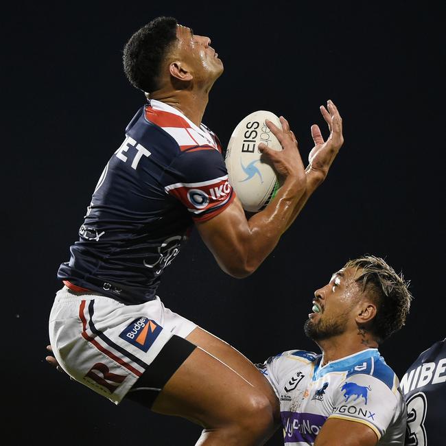 Daniel Tupou rises for the ball while playing for the Sydney Roosters. Credit: NRL Images.