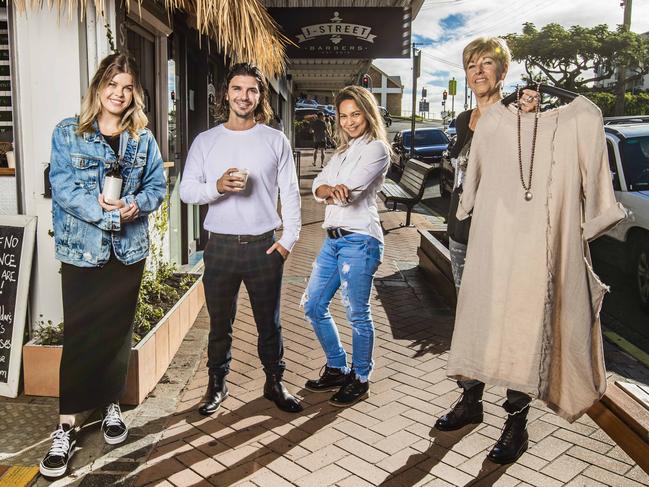 Co-owner Anna Hamilton from Cedar and Stone, Brodie Green from Seadog Burleigh, Michelle Rijkaart from J-Street Barbers and Pam Bayliss from Tides Boutique. Picture: NIGEL HALLETT