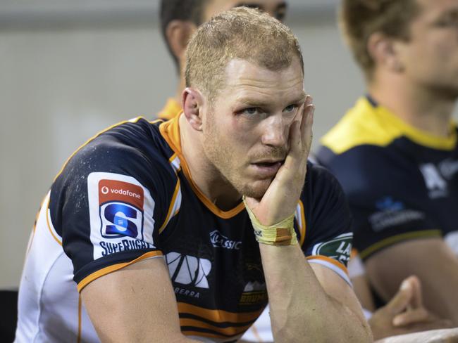 Brumbies' David Pocock watches on during the closing minutes of Round 10 Super Rugby match between the Brumbies and the Jaguares at GIO Stadium in Canberra, Sunday, April 22, 2018. (AAP Image/Rohan Thomson) NO ARCHIVING, EDITORIAL USE ONLY