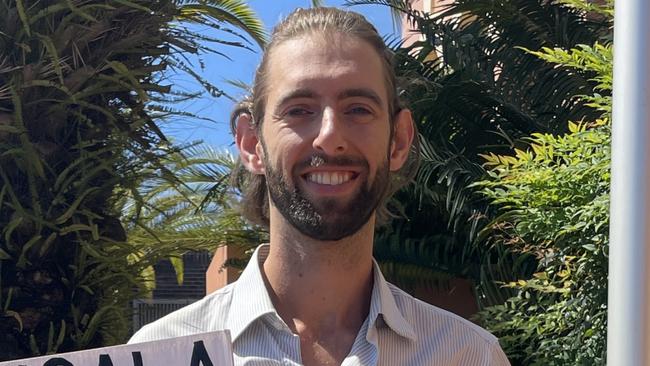 Climate protester Andrew George outside Lismore Local Court after being fined $3200 for hanging himself in a tree above logging equipment at Doubleduke State Forest, south of Woodburn, interrupting logging operations.