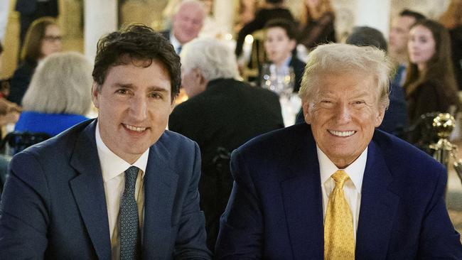 Donald Trump hosted Canadian Prime Minister Justin Trudeau at Mar-a-Lago with the pair discussing the incoming administration’s threat to impose tariffs of 25 per cent on Canadian goods as well as stronger cooperation to tackle the US drug crisis. Picture: X@JustinTrudeau