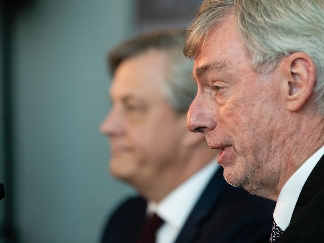 Managing Director and CEO of Westpac, Brian Hartzer (left) looks on as Chairman of Westpac, Lindsay Maxsted speaks during a press conference following the Wespac Annual General Meeting in Perth on Wednesday, December 12, 2018. (AAP Image/Richard Wainwright) NO ARCHIVING