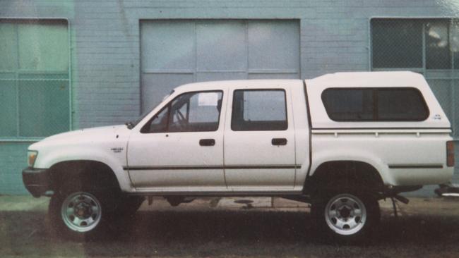 A white Toyota Hilux, similar to the car police believe was used in the abduction of Gordana Kotevski, is displayed outside Newcastle Police Station before a press conference in 1994. Picture: News Corp