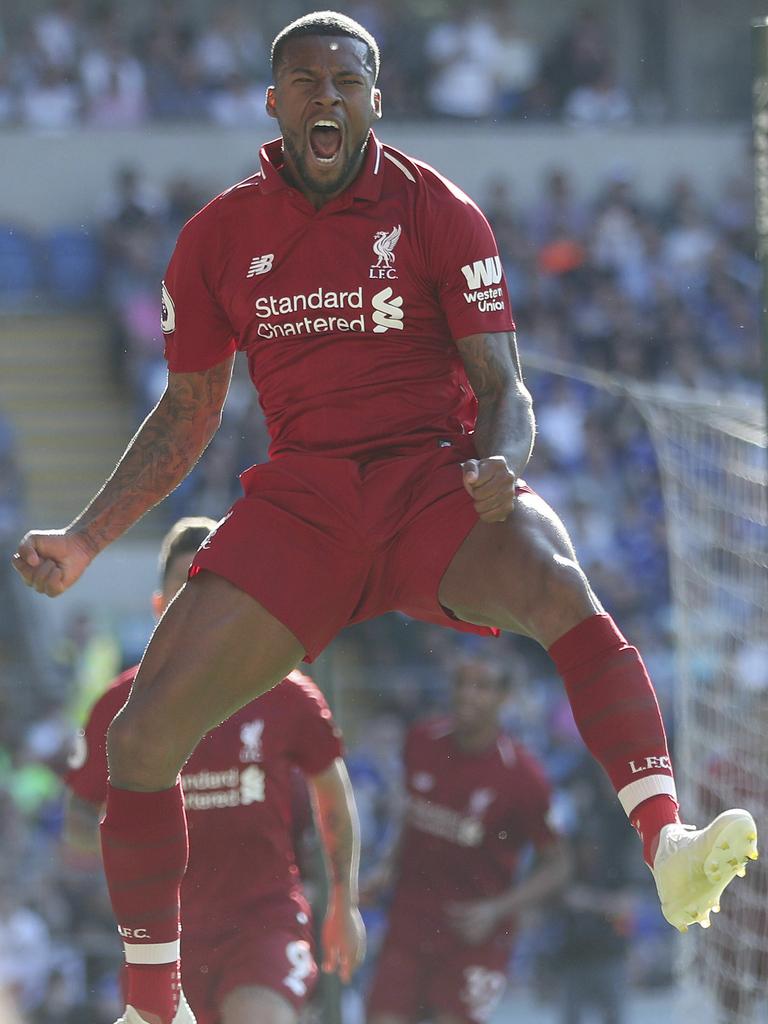 Liverpool's Georginio Wijnaldum celebrates giving his team the lead.