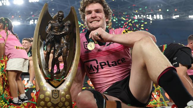 SYDNEY, AUSTRALIA - OCTOBER 06:  Liam Martin of the Panthers poses with the Provan-Summons Trophy after winning the 2024 NRL Grand Final match between the Melbourne Storm and the Penrith Panthers at Accor Stadium on October 06, 2024, in Sydney, Australia. (Photo by Cameron Spencer/Getty Images)