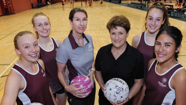 Brisbane West Regional Academy players lisa Dreyer, Caitlin Fogarty, Hannah Beaton and Amelia Soloai with then Queensland Firebirds Coach Roselee Jencke (left) and former Australian coach and player Jill McIntosh (right) in 2014.