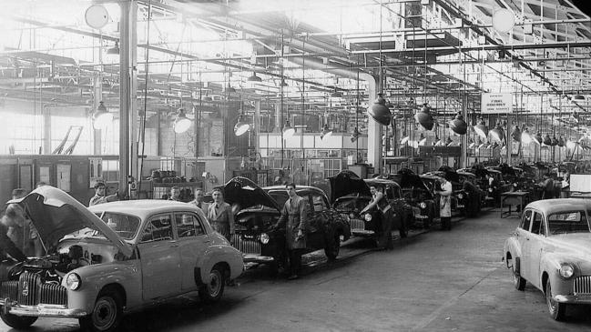 The first Holden 48-215 sedan comes off the production line at factory in Melbourne in 1950.