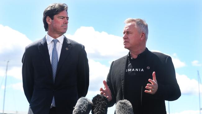 Gill McLachlan with Tasmanian Premier Jeremy Rockliff. AFL CEO Gill McLachlan in Hobart ahead of a decision for Tasmania's own AFL team. Picture: Nikki Davis-Jones