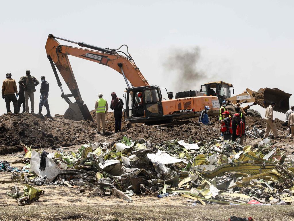 On Monday investigators recovered the black boxes from the new passenger jet that crashed outside Addis Ababa a day earlier, as Boeing share prices took a tumble. Picture: AFP