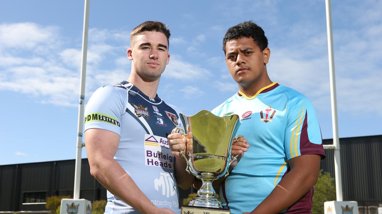 Maymount College Captain Charlie Murray and Keebra Park’s Blake Sekona. Picture Glenn Hampson