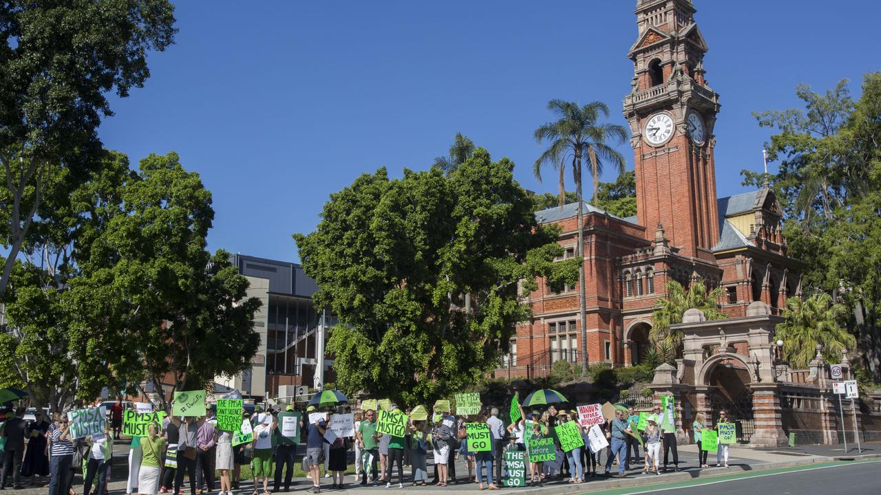 A protest out the front of Somerville House in South Brisbane demanding the reinstatement of principal Flo Kearney in 2017. Picture: AAP/Glenn Hunt.