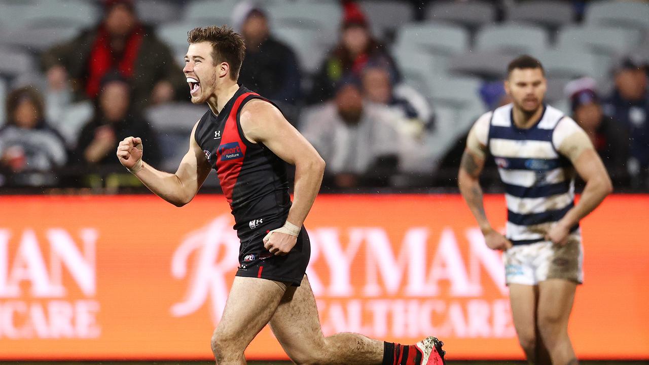 AFL Round 16. Geelong vs Essendon at GMHBA Stadium. 02/07/2021. Zach Merrett of the Bombers celebrates a goal during the 3rd qtr. . Pic: Michael Klein