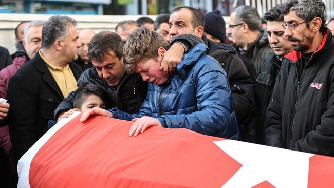 Relatives and friends mourn during the funeral of one of the 39 victims of the gun attack on the Reina, a popular nightclub in Istanbul, Turkey. (Pic: Burak Kara/Getty Images)