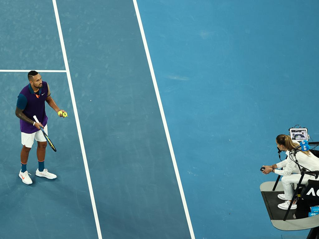 Nick Kyrgios pleads his case to Marijana Veljovic. (Photo by Mark Metcalfe/Getty Images)